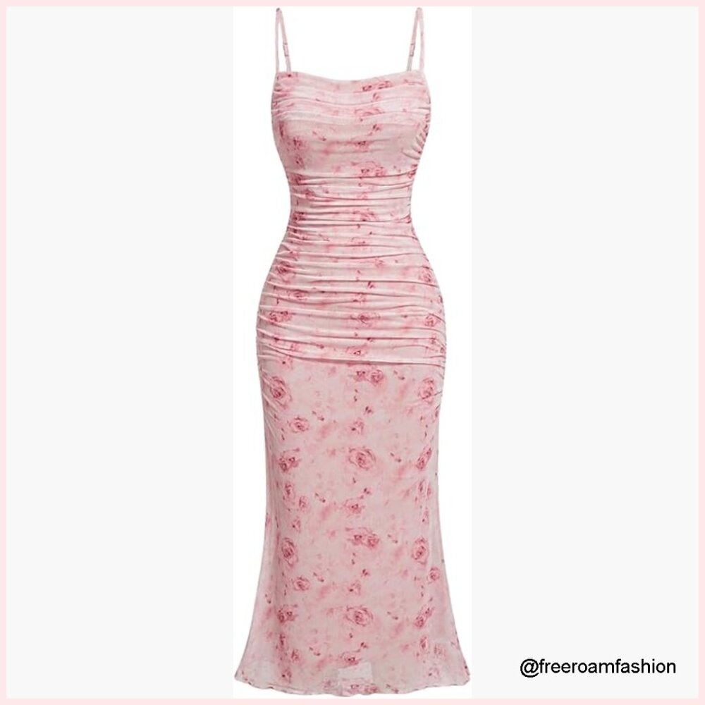 Floral Bodycon Midi Dress Spaghetti Strap Summer Wedding Guest Cocktail